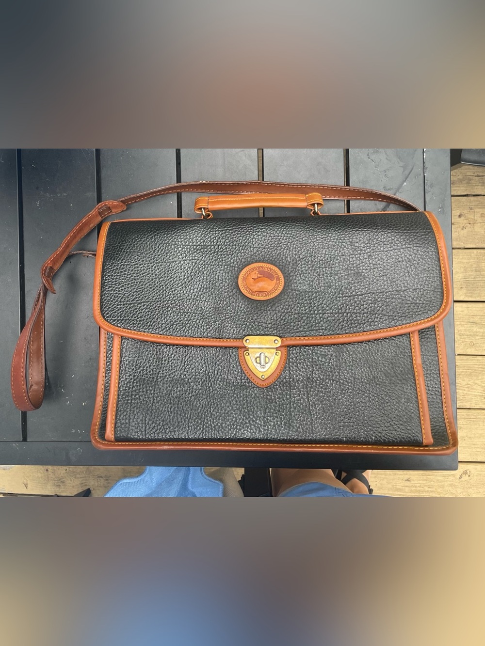Dooney & Bourke Black Pebble all weather Leather Briefcase with Brown Trim